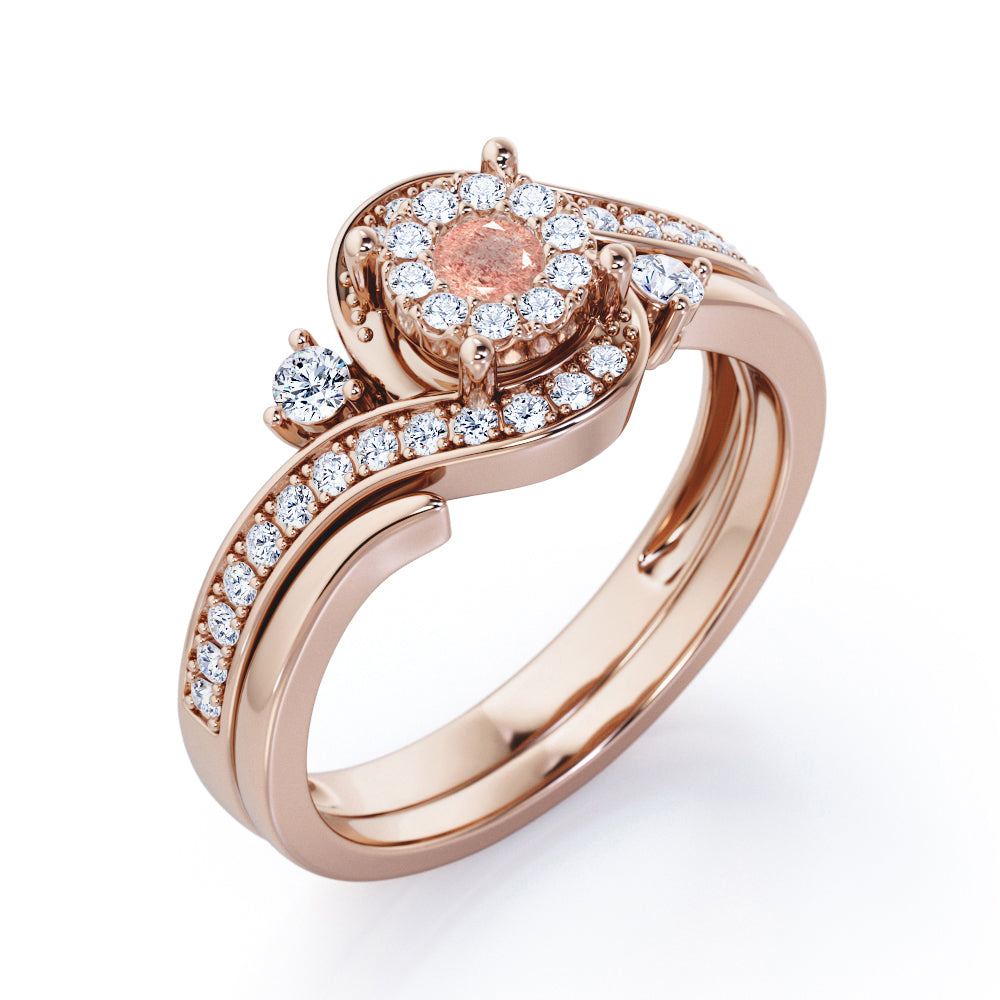 Pave-Prong Design 0.55 TCW Round Shape Strawberry quartz and diamond Bridal Ring Set in Rose Gold