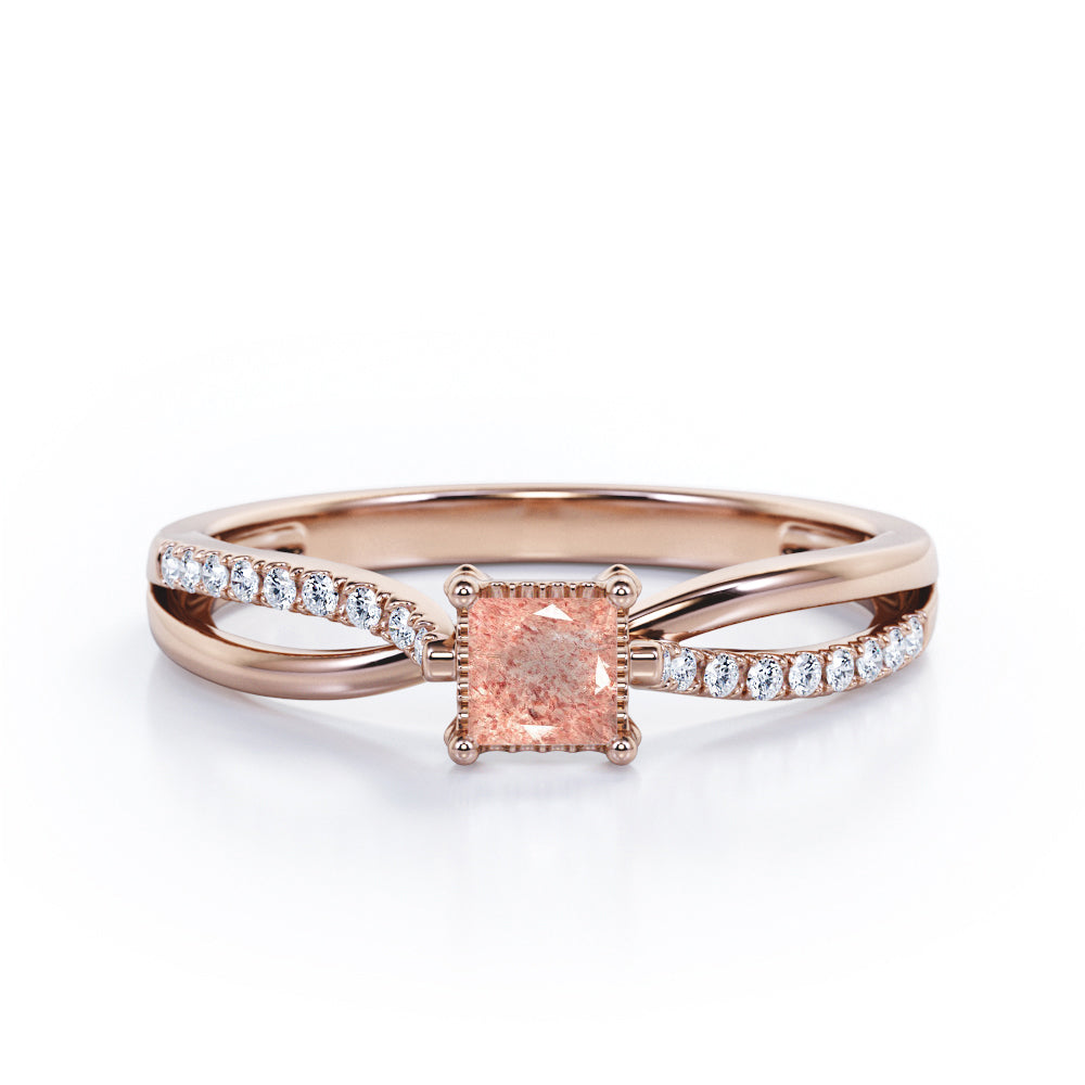 Twisted and Split Pinched Shank 0.65 carat Princess Strawberry Quartz and diamonds Elegant Engagement Ring in Rose Gold