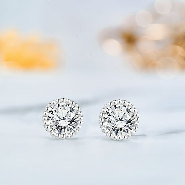 3.25 Carat Round Brilliant Moissanite Earrings Stud Halo Milgrain in 18K White Gold over Silver