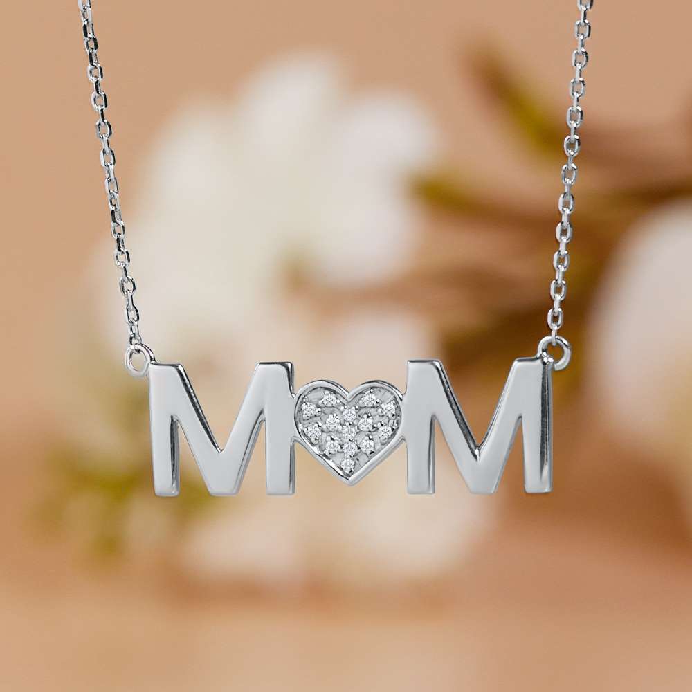 MOM Diamond Pendant Necklace in 18K White Gold over Silver