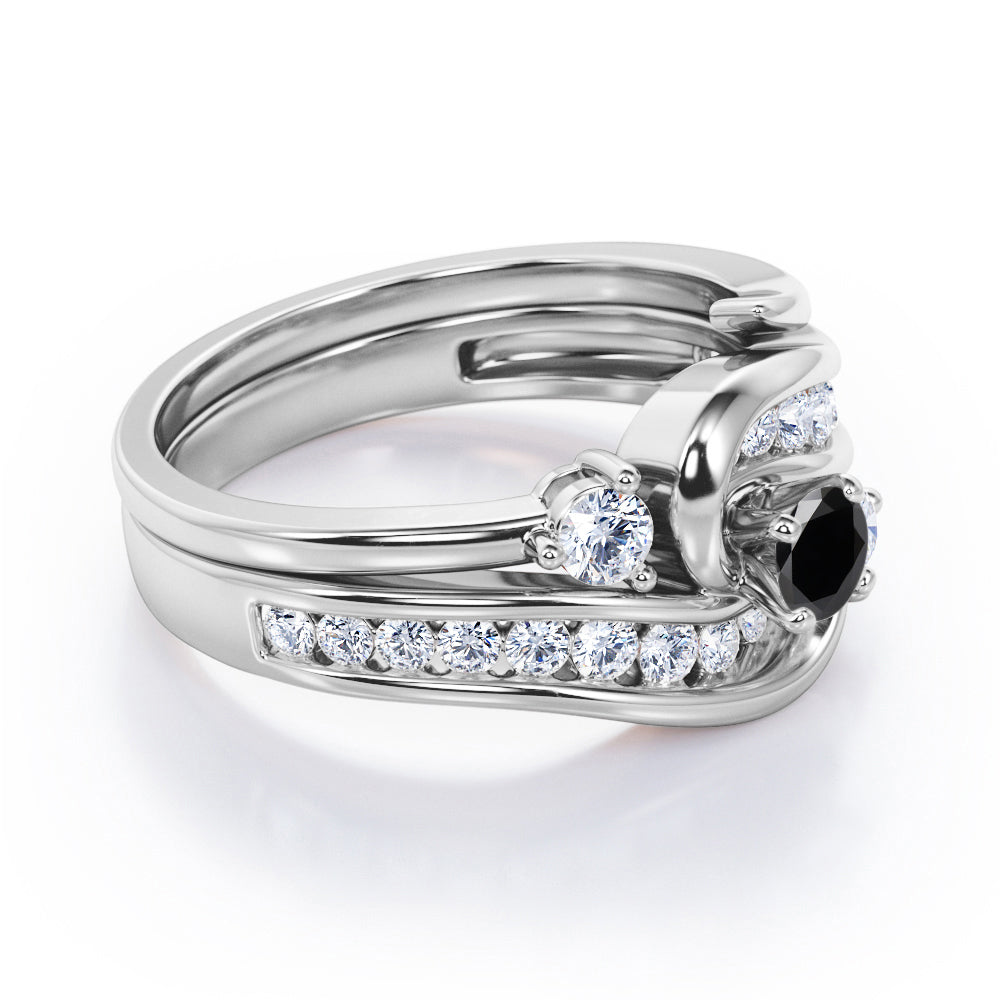 Twisted Tension - Prong 1 TCW Round Brilliant Cut Black Diamond - Flush Channel Wedding Set in White Gold