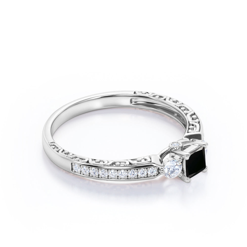 1.35 Carat Princess Cut Lab Grown Black Diamond 3 Stone Vintage Engagement Ring In White Gold