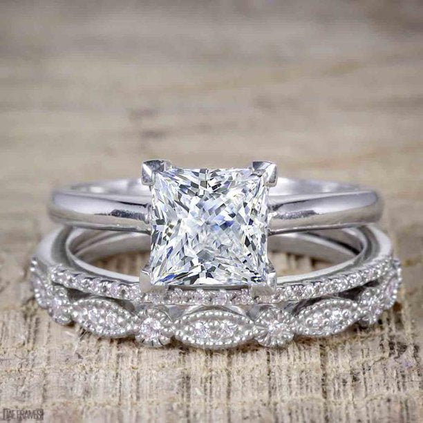 2 Carat Princess Wedding Ring Set - Bridal Set - Wedding Trio Set - Engagement Ring - Art Deco Ring - Promise Ring - Sterling Silver