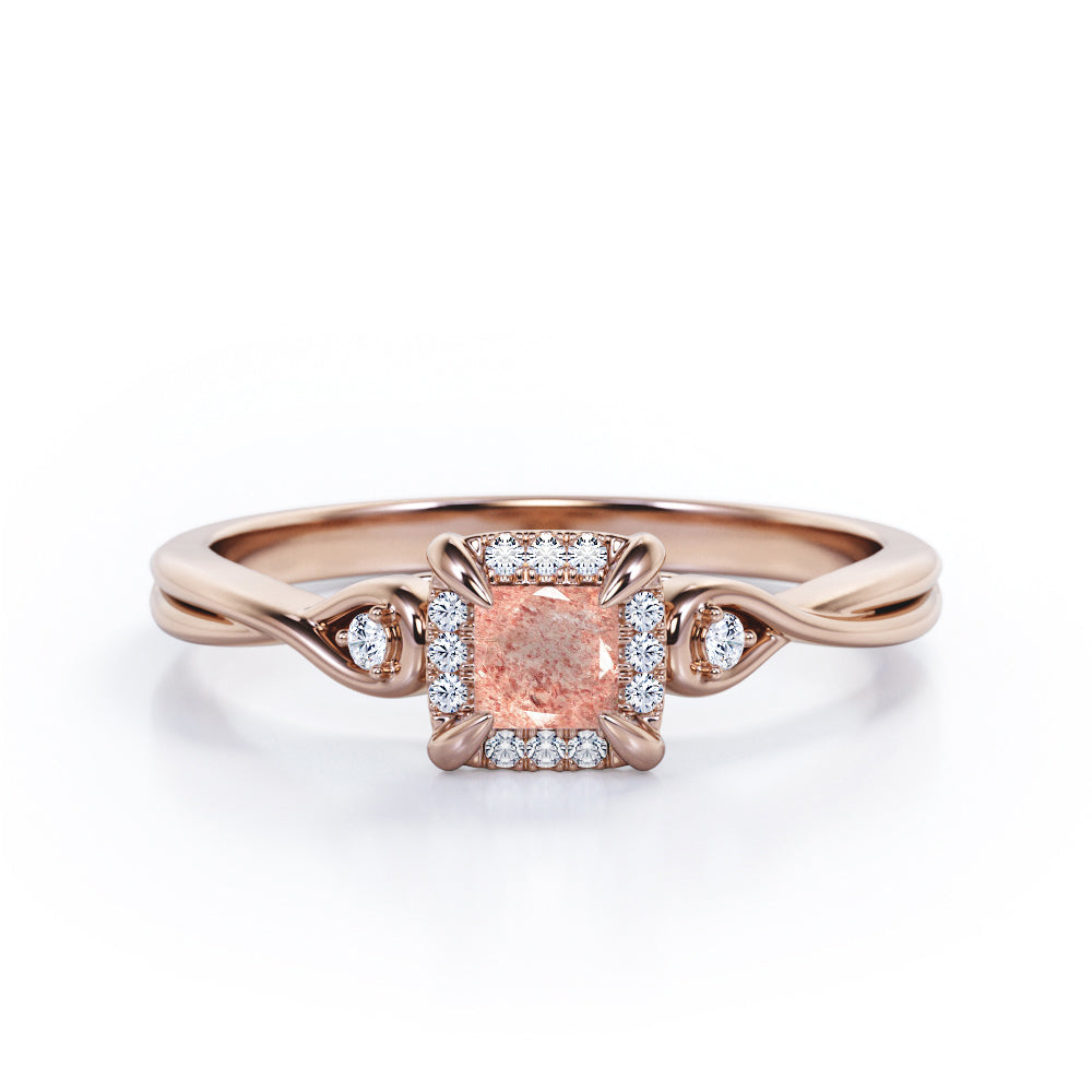 Prong and Halo 0.6 carat Princess Strawberry Quartz and diamond Twisted Shank Engagement Ring in Rose Gold