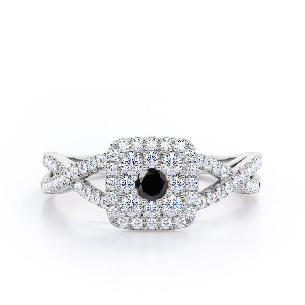 Pave Crossover - 1.25 Carat Round Cut Black Diamond - Flush Cluster Halo Engagement Ring in White Gold