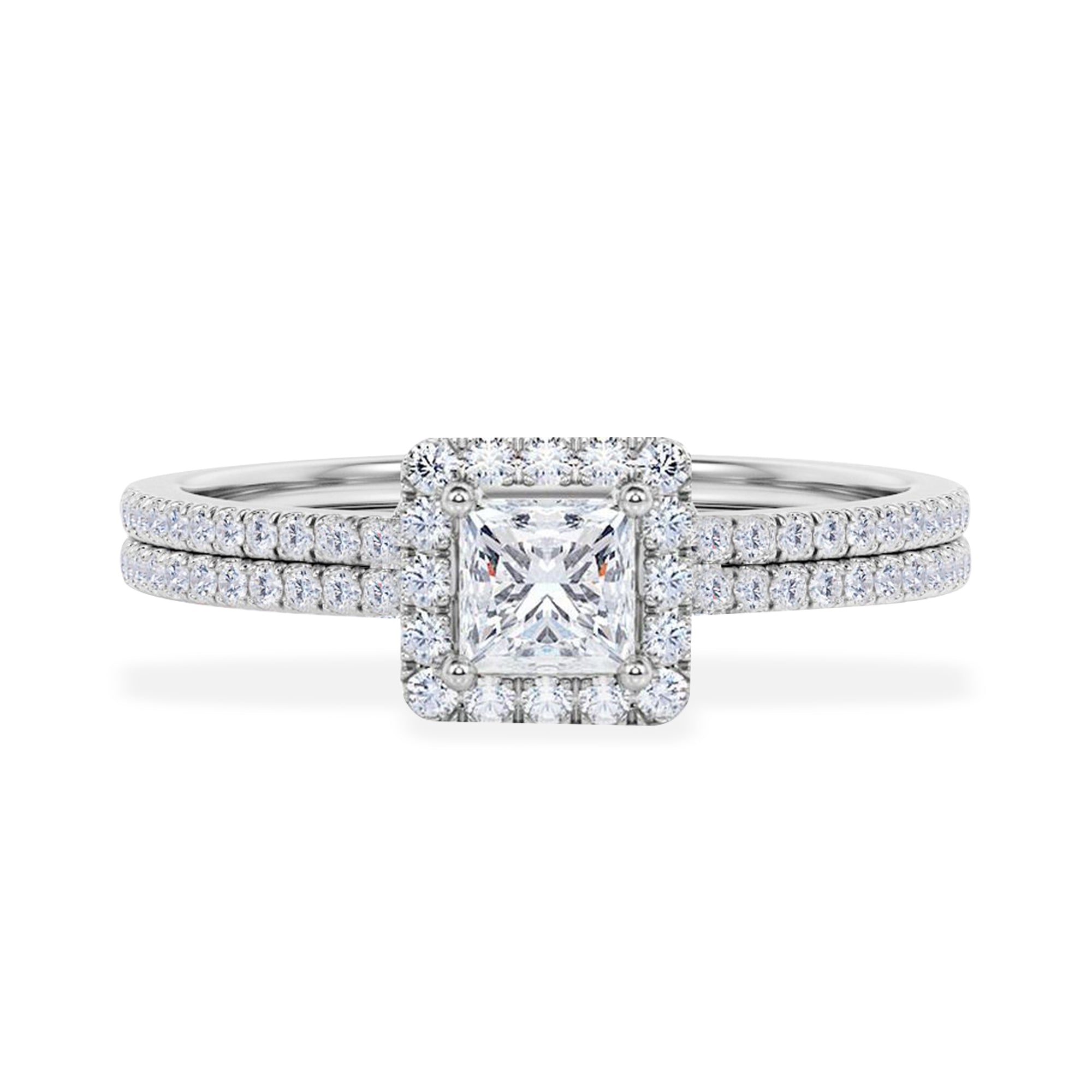 2.25 Carat Princess Cut Cubic Zirconia Halo Bridal Set in 18K White Gold over Brass