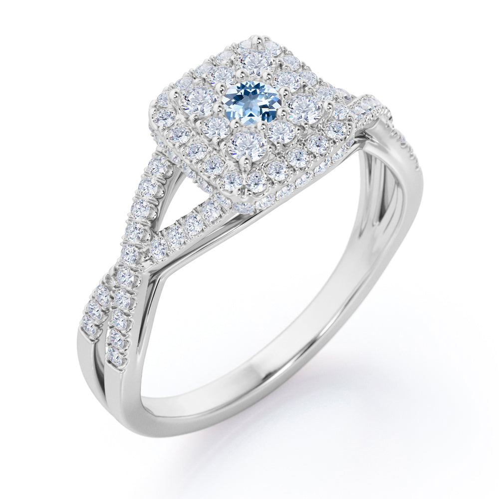 Pave Crossover - 1.25 Carat Round Cut Aquamarine - Flush Cluster Halo Engagement Ring in White Gold