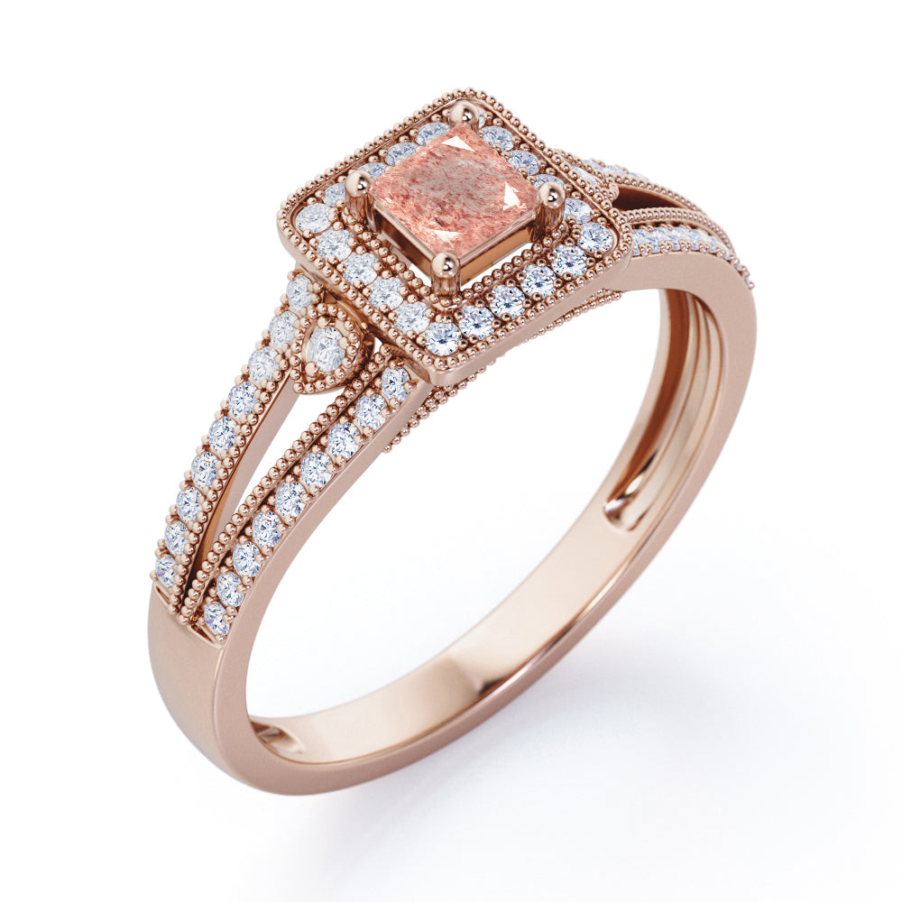 Split-Shanked Pave 1.55 Carat Princess Cut Strawberry Quartz Milgrain-Bordered Halo Engagement Ring in Rose Gold