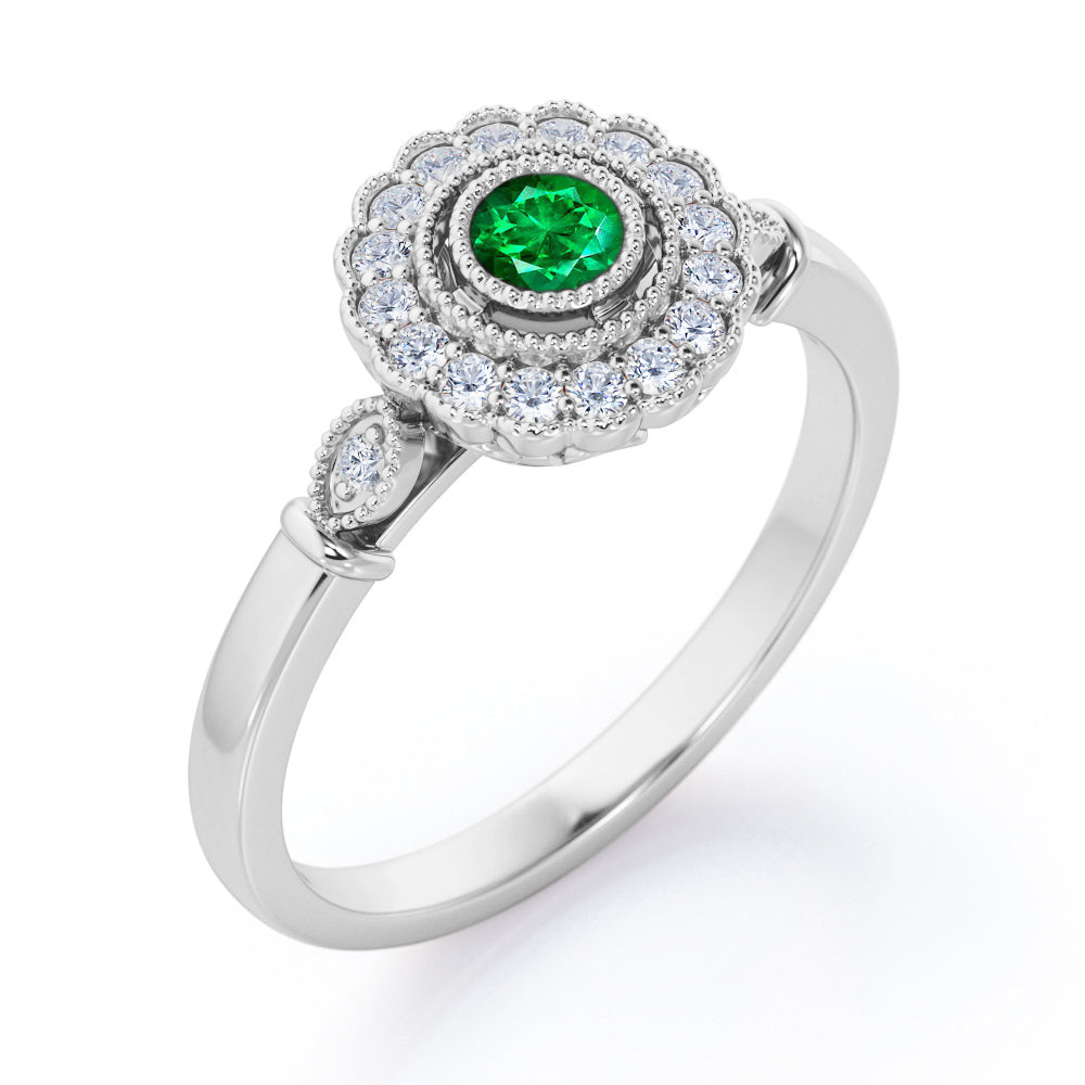 Milgrain Flower Halo 1.2 carat Carat Round Brilliant Cut Emerald and diamond Trilogy Bezel Engagement Ring in White Gold