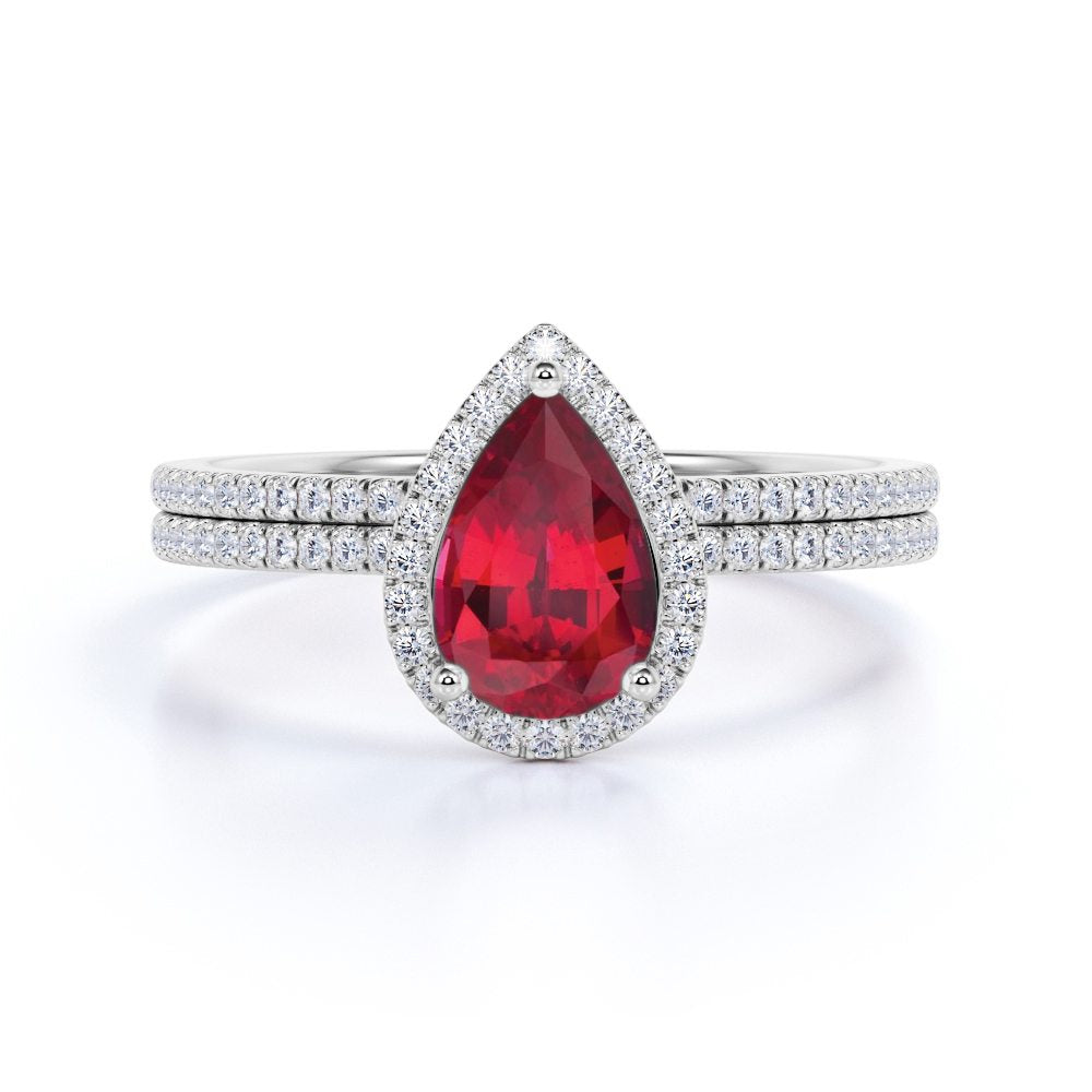 Vintage Pave 1.50 carat Pear Cut Lab-Created Ruby and Diamond Bridal Set in White Gold