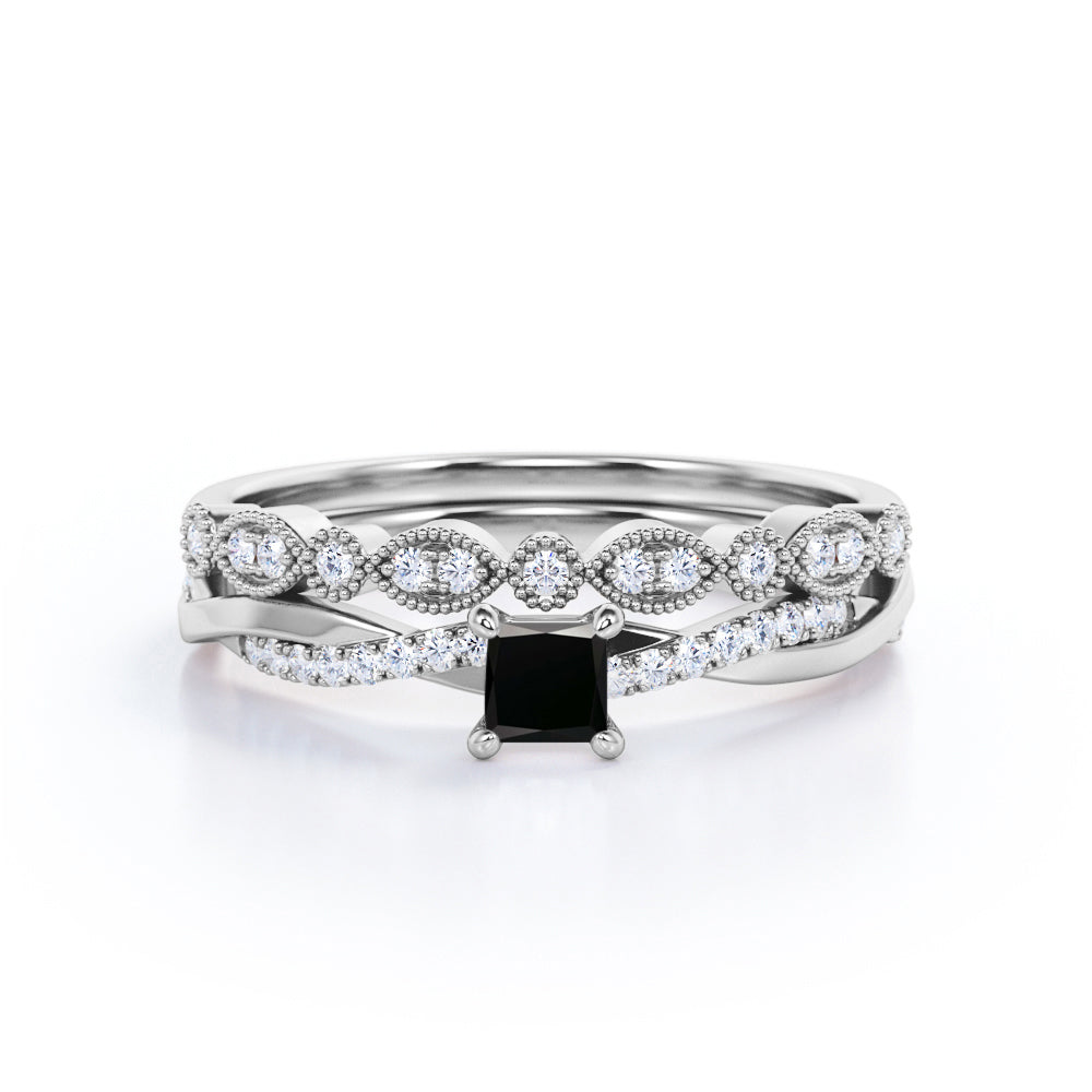 1.3 Carat Princess Cut Lab Grown Black Diamond Four Prong Infinity Bridal Set In White Gold