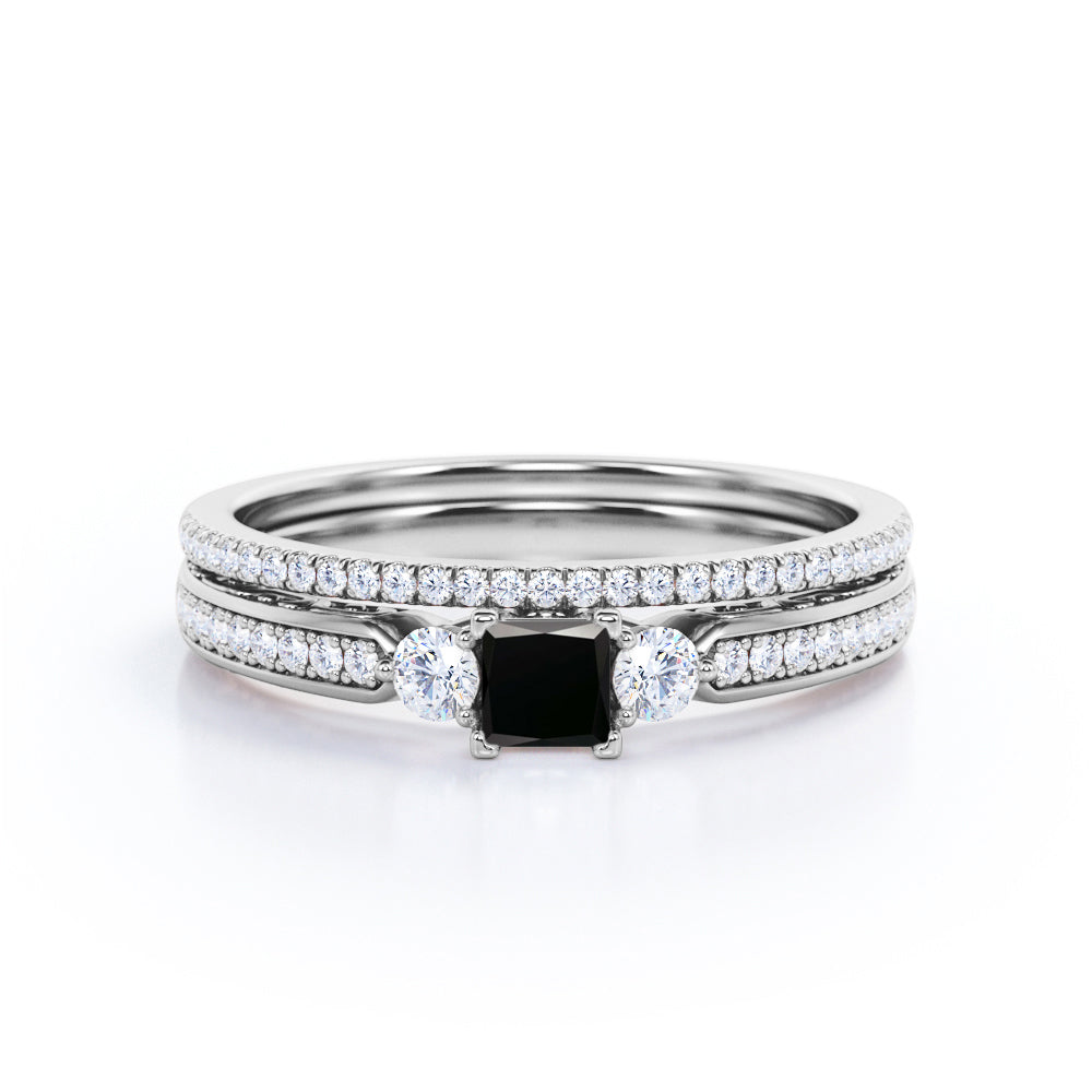 1.65 Carat Princess Cut Lab Grown Black Diamond Three Stone Vintage Wedding Ring In White Gold