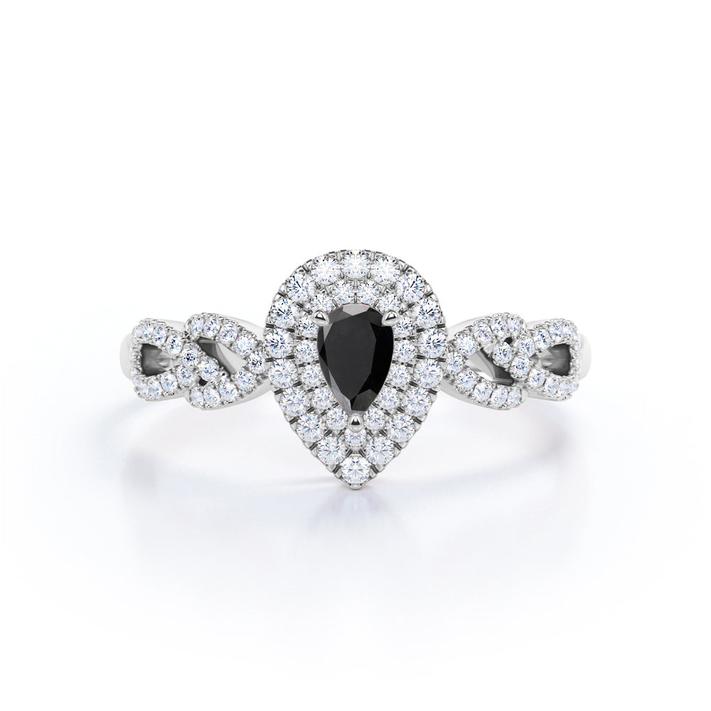 1.67 Carat Pear Cut Lab Grown Black Diamond Double Halo Engagement Ring In White Gold