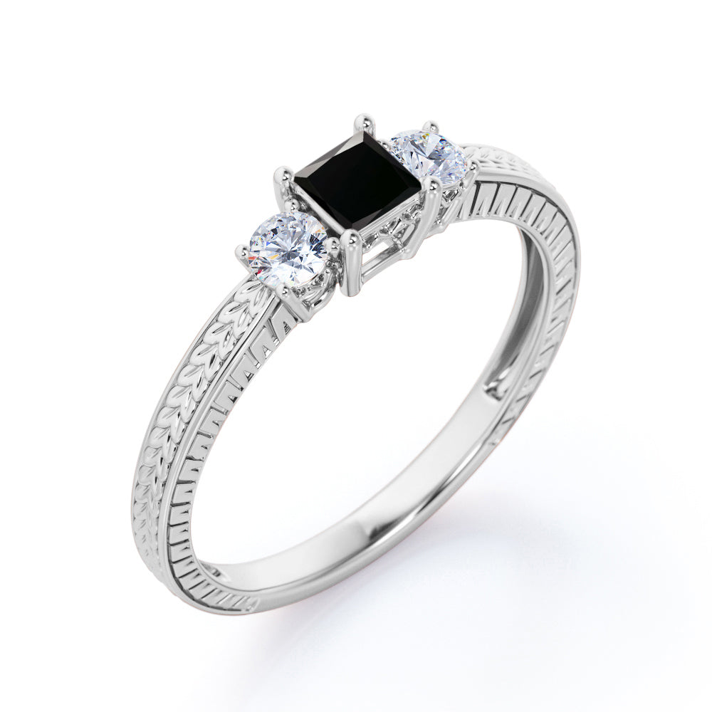 1 carat princess cut Black Diamond art deco engagement ring in white gold