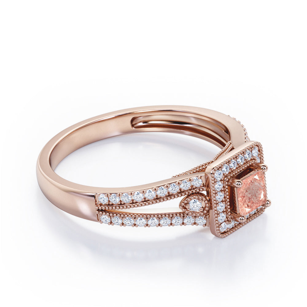 Split-Shanked Pave 1.55 Carat Princess Cut Strawberry Quartz Milgrain-Bordered Halo Engagement Ring in Rose Gold