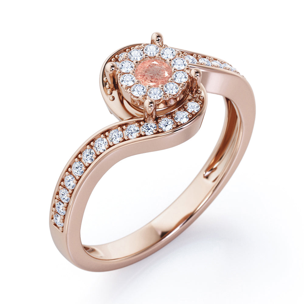 Wrapped Round 0.65 carat Round Strawberry Quartz and diamond Bypass Engagement Ring in Rose Gold