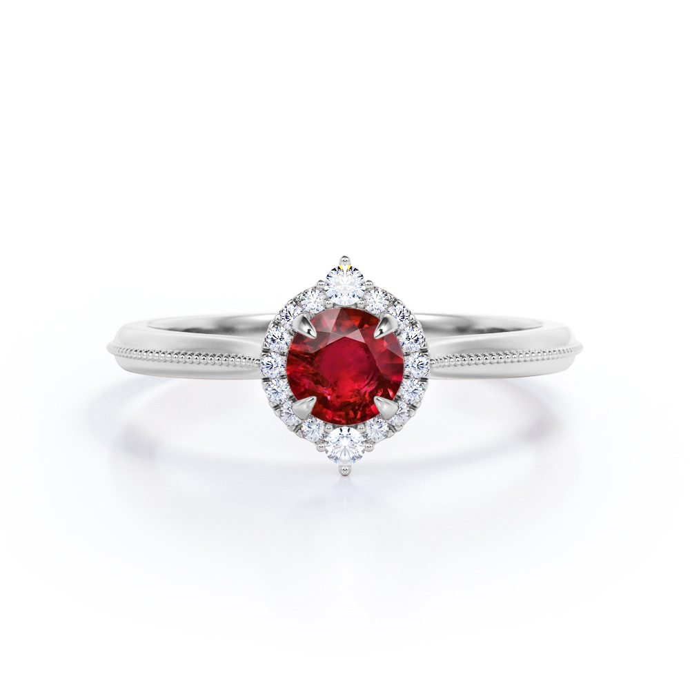 Vintage Milgrain 1.10 carat Round Cut Lab-Created Ruby and Diamond Halo Engagement ring in Rose Gold