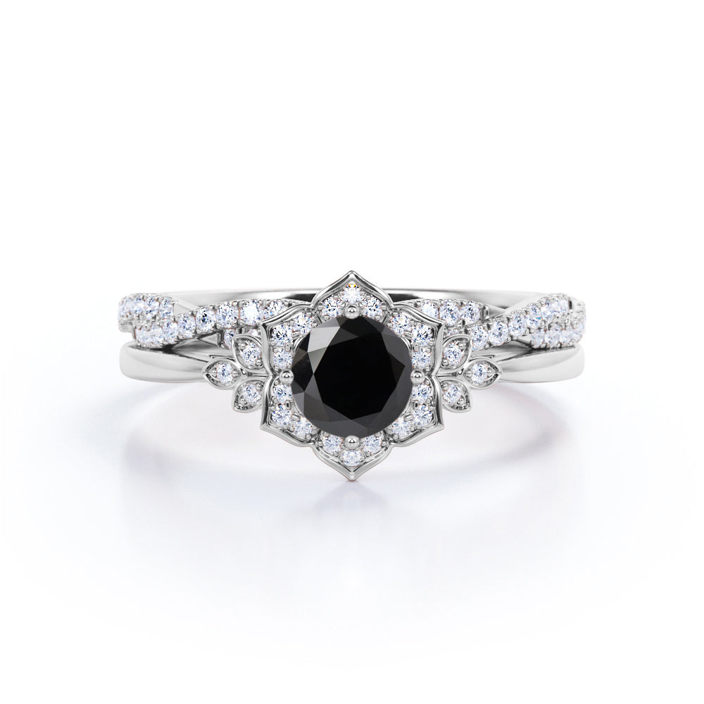 1.50 carat round cut Black Diamond vintage art deco wedding ring set in white gold