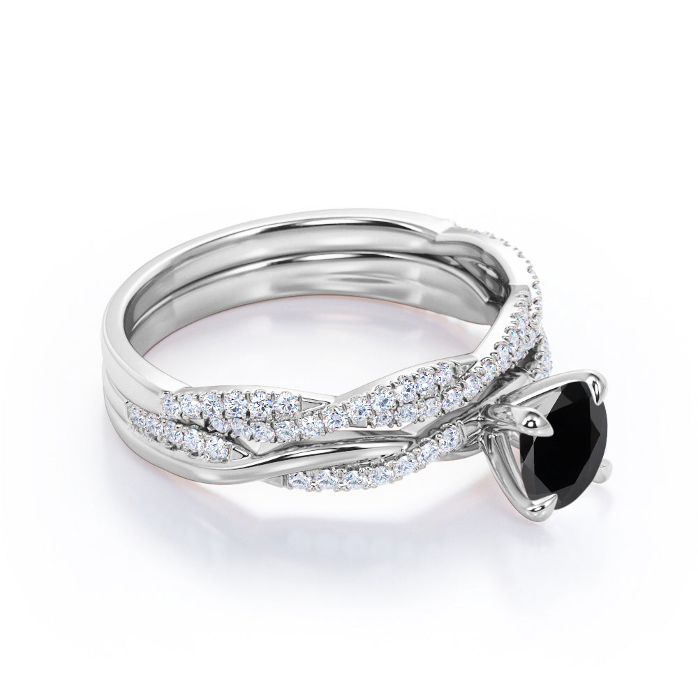 1.75 carat round cut Black Diamond twisted wedding ring set in white gold