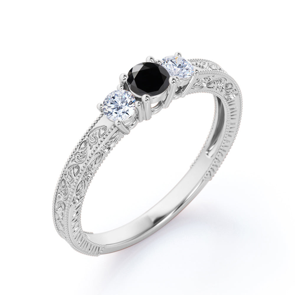 1 carat round cut Black Diamond three stone engagement ring in white gold