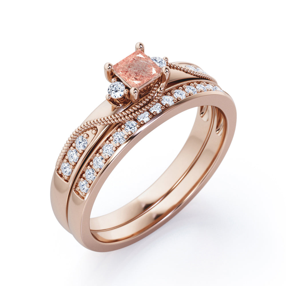 Trilogy Duo Milgrain 0.7 TCW Princess Cut Strawberry Quartz and diamond Vintage Bridal Ring Set in Rose Gold