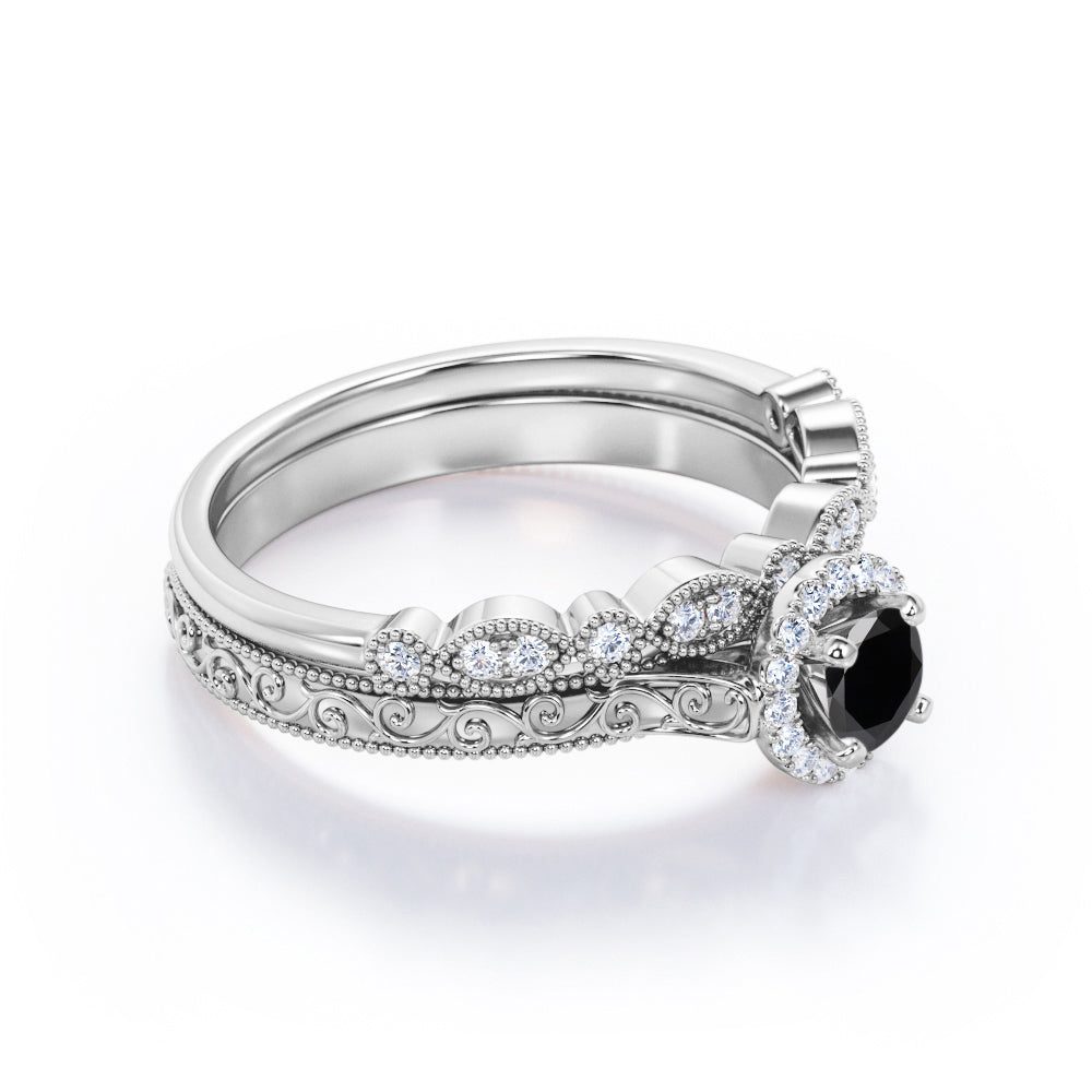 1.3 Carat Round Cut Lab Grown Black Diamond Halo Wedding Ring Set In White Gold