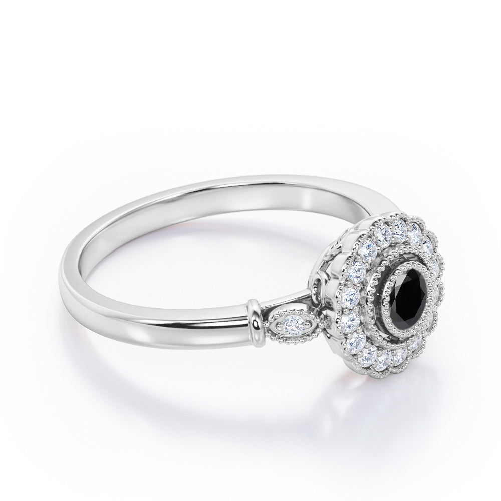 Milgrain Flower Halo 1.2 carat Carat Round Brilliant Cut Black Diamond Trilogy Bezel Engagement Ring in White Gold