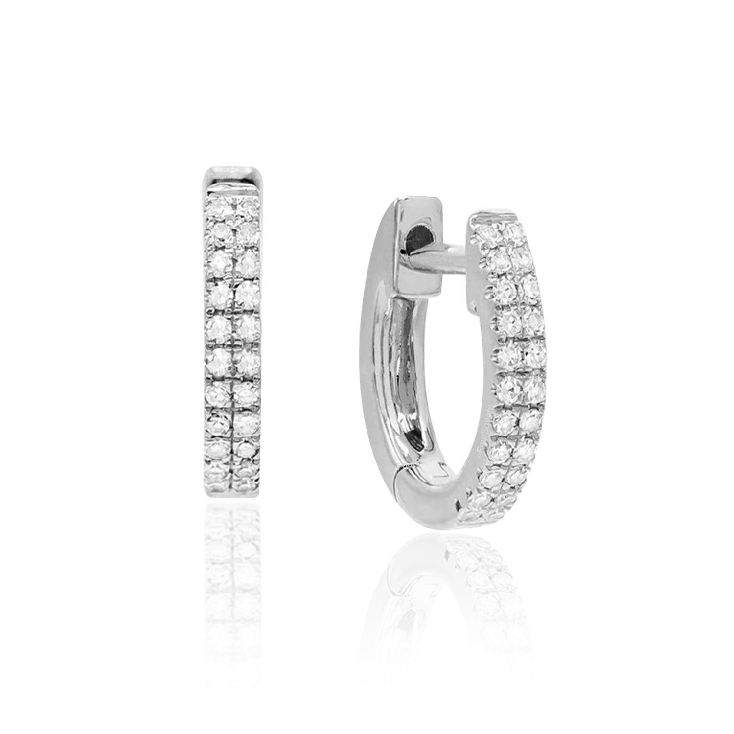 Petite 1.2 Carat Double Row Moissanite Huggie Earrings in 18K White Gold over Silver.