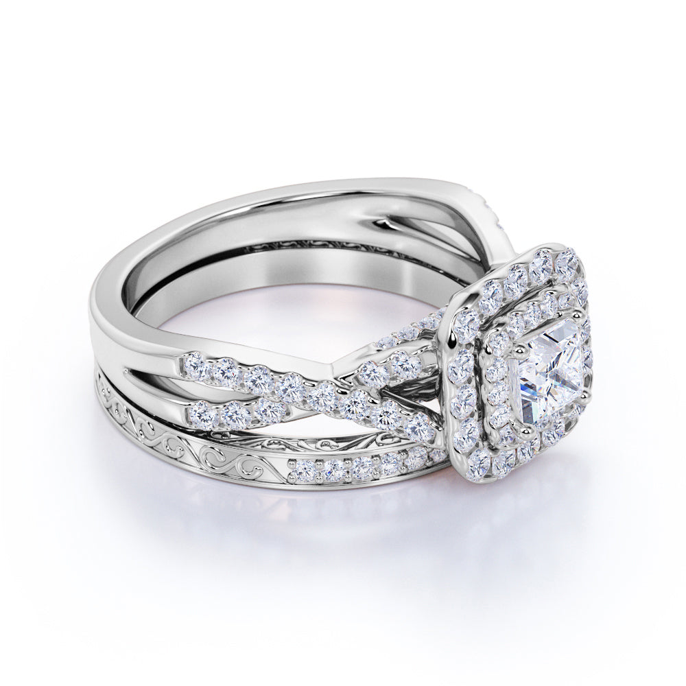 Square Diamond 0.5 carat - Double Halo - Twisted Band - Vintage Inspired - Pave - Wedding Ring Set in 10K White Gold