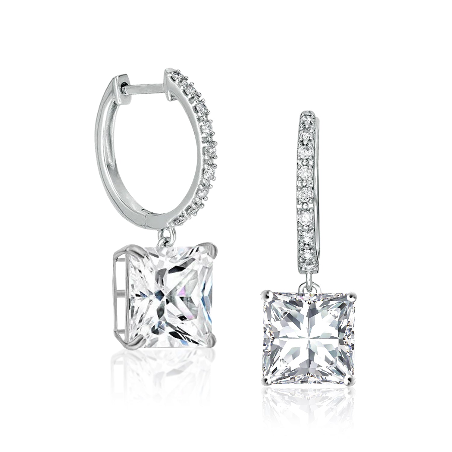 1.5 Carat Princess Cut Moissanite Hoop Earrings Pave Set with Charm in 18K White Gold over Silver