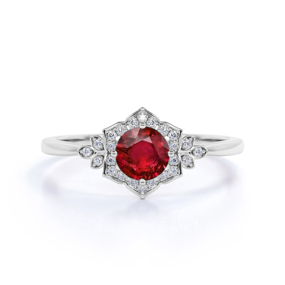 Antique Leaf Design 1.20 Carat Round Cut Lab-Created Ruby and Diamond Engagement Ring in Rose Gold