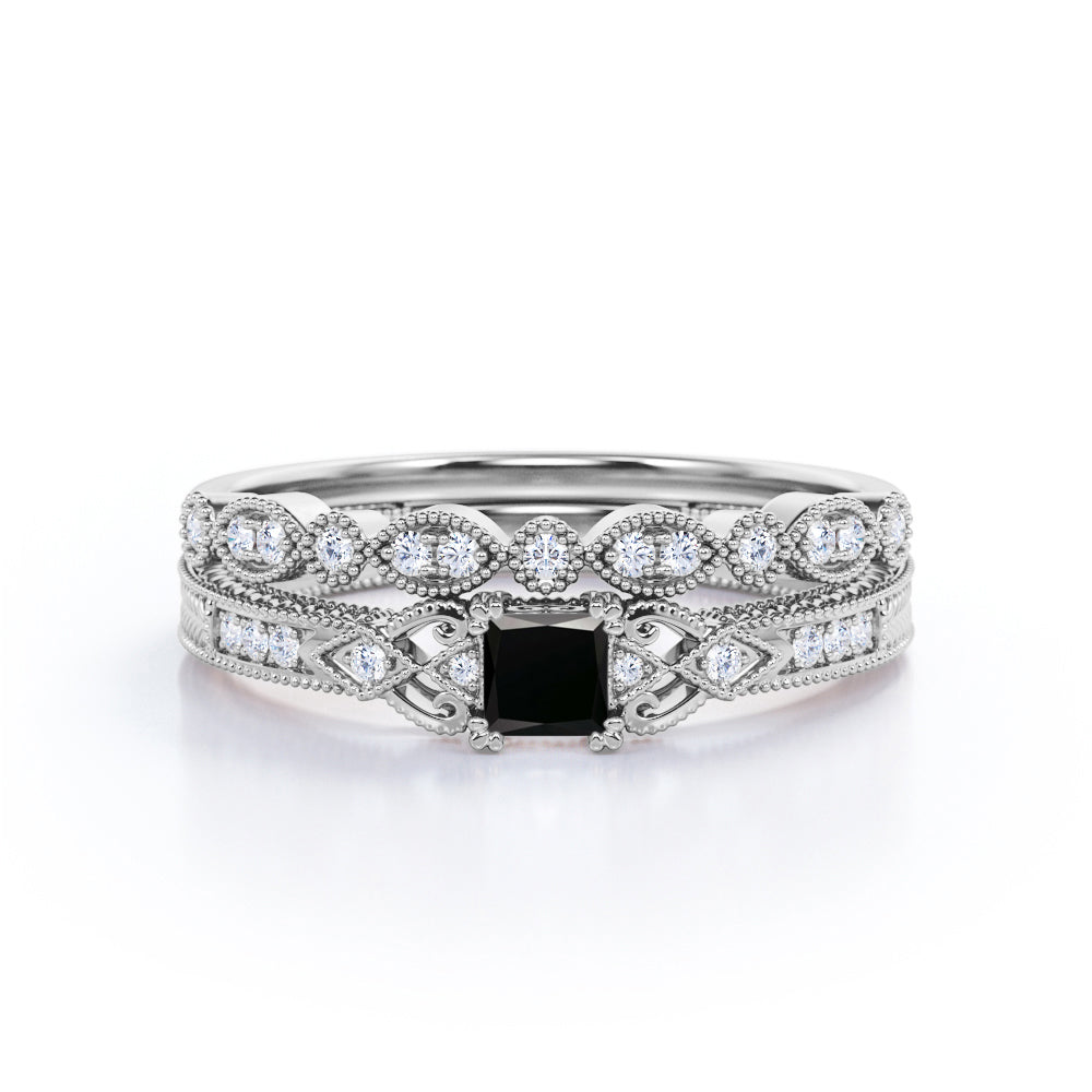 1.25 Carat Princess Cut Lab Grown Black Diamond Antique Art Deco Bridal Set In White Gold