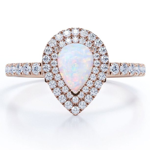 Pave Set 1.5 Carat Pear Shaped White Fire Opal and Moissanite Double Halo Cluster Engagement Ring in 18K Rose Gold Plating over Silver