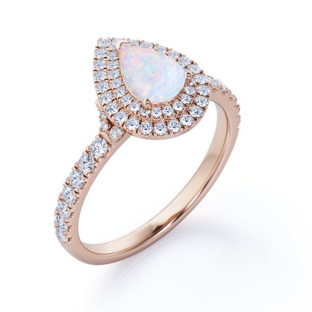 Pave Set 1.5 Carat Pear Shaped White Fire Opal and Moissanite Double Halo Cluster Engagement Ring in 18K Rose Gold Plating over Silver