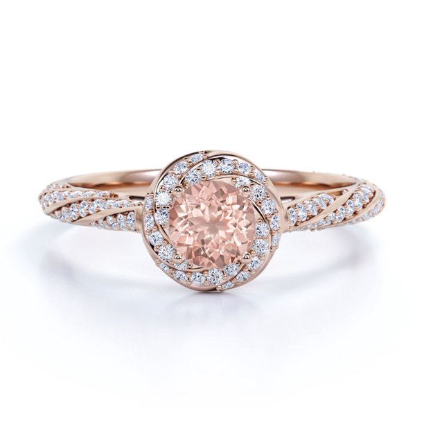 1.2 TCW Round Cut Lab Created Morganite and Moissanite - Splendid Encrusted Twirl - Pave Halo Engagement Ring - 18K Rose Gold Plating over Silver