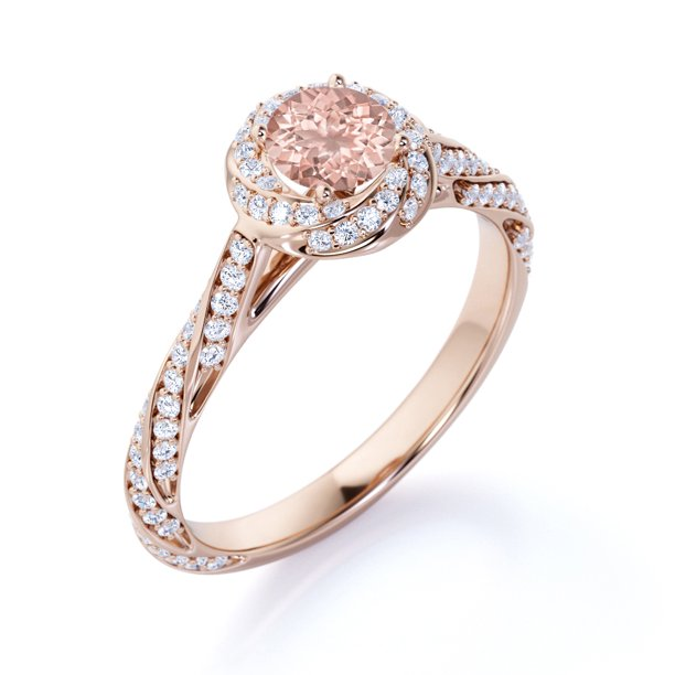 1.2 TCW Round Cut Lab Created Morganite and Moissanite - Splendid Encrusted Twirl - Pave Halo Engagement Ring - 18K Rose Gold Plating over Silver