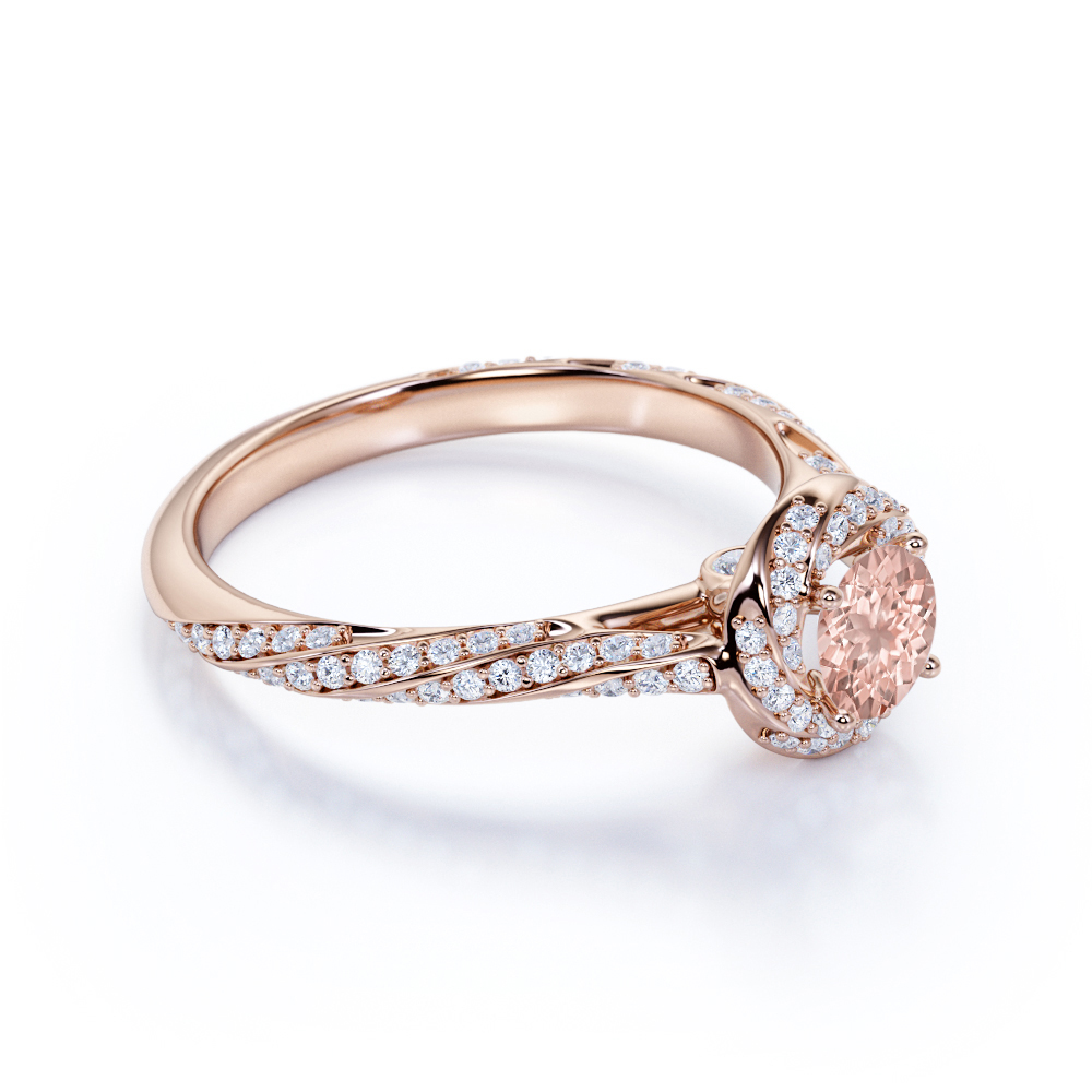 1.2 TCW Round Cut Lab Created Morganite and Moissanite - Splendid Encrusted Twirl - Pave Halo Engagement Ring - 18K Rose Gold Plating over Silver