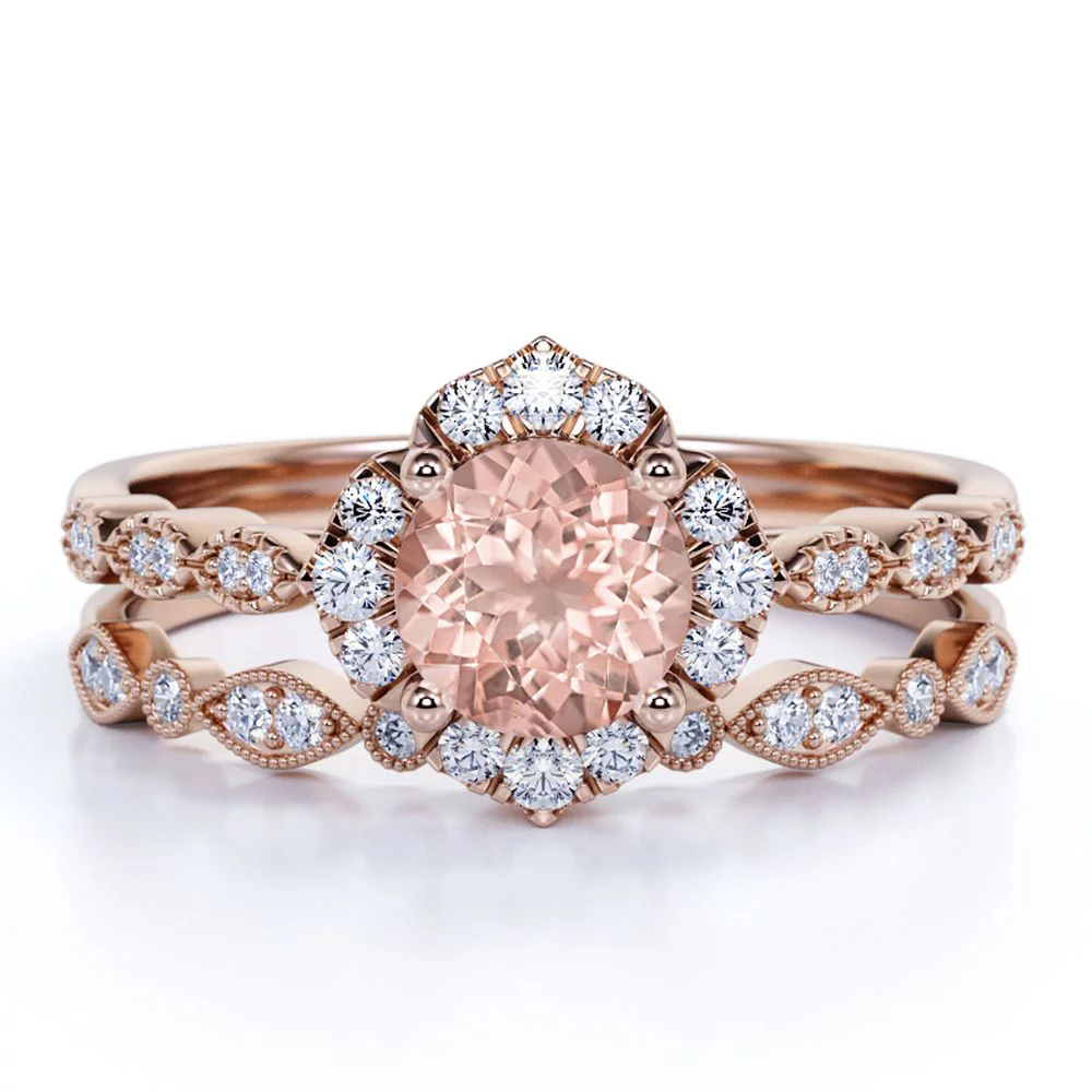 Antique 1.50 Carat Round Cut created morganite and Moissanite Halo Bridal Set in 18k Rose Gold over silver: Bestselling Design