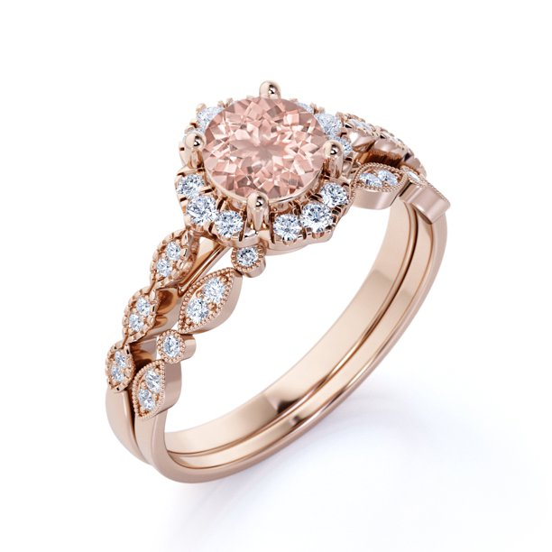 Antique 1.50 Carat Round Cut created morganite and Moissanite Halo Bridal Set in 18k Rose Gold over silver: Bestselling Design