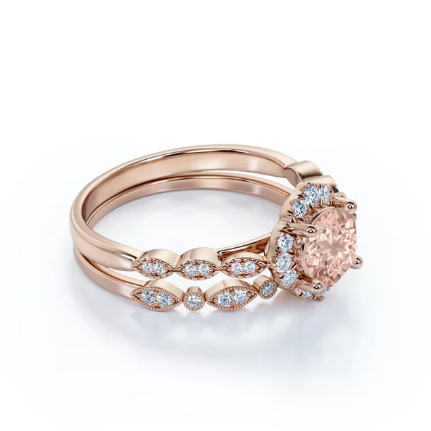 Antique 1.50 Carat Round Cut created morganite and Moissanite Halo Bridal Set in 18k Rose Gold over silver: Bestselling Design