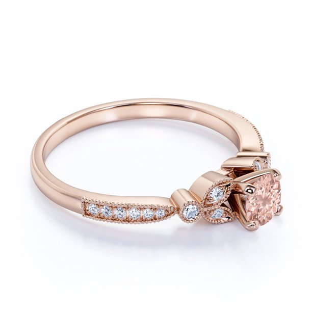 Vintage 1 Carat Round Cut created morganite Flower Engagement Ring in 18K Rose Gold over Silver