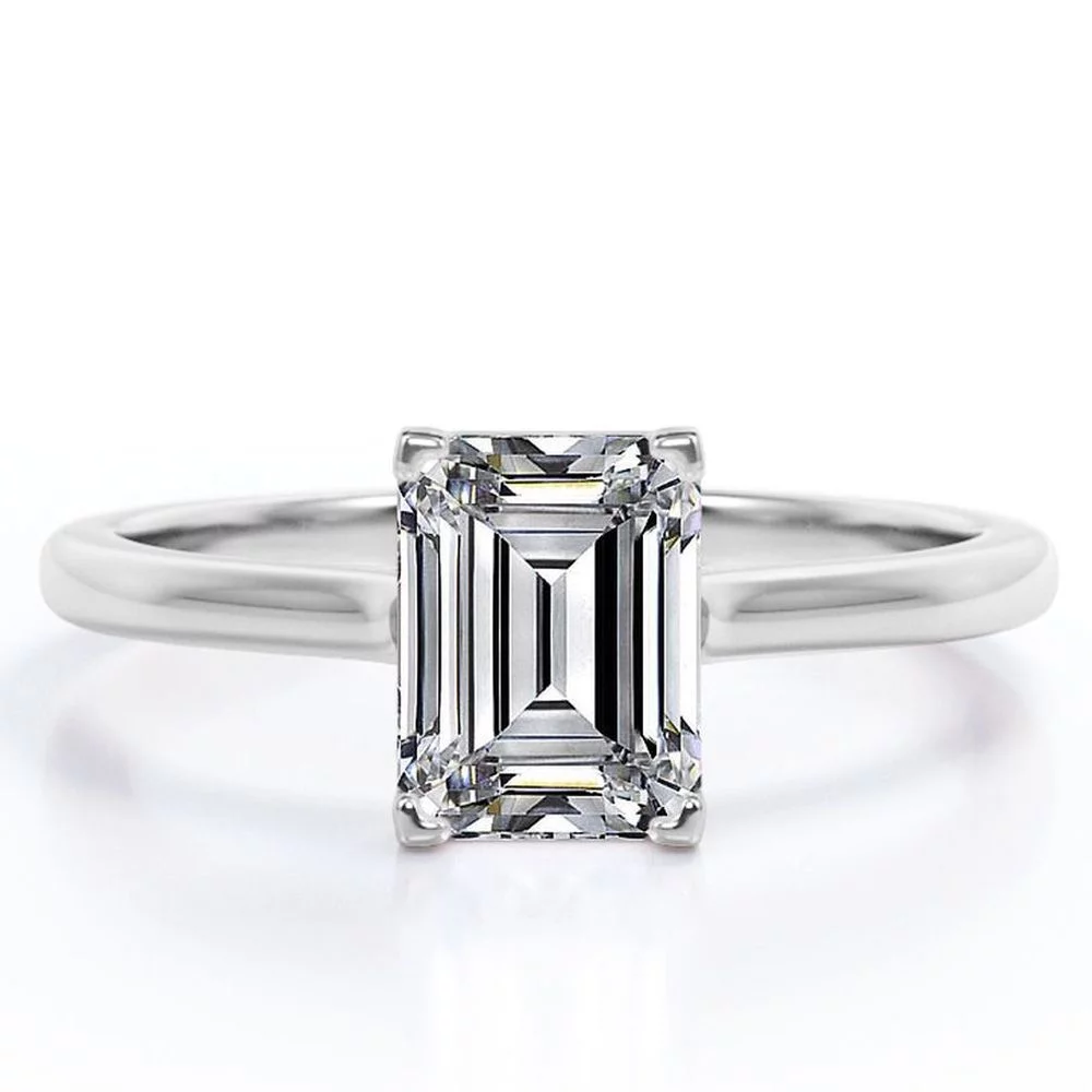 Minimalist - 1 Carat Emerald Cut Moissanite - Solitaire Prong Set Right Hand Ring - 18K White Gold Plating over Silver