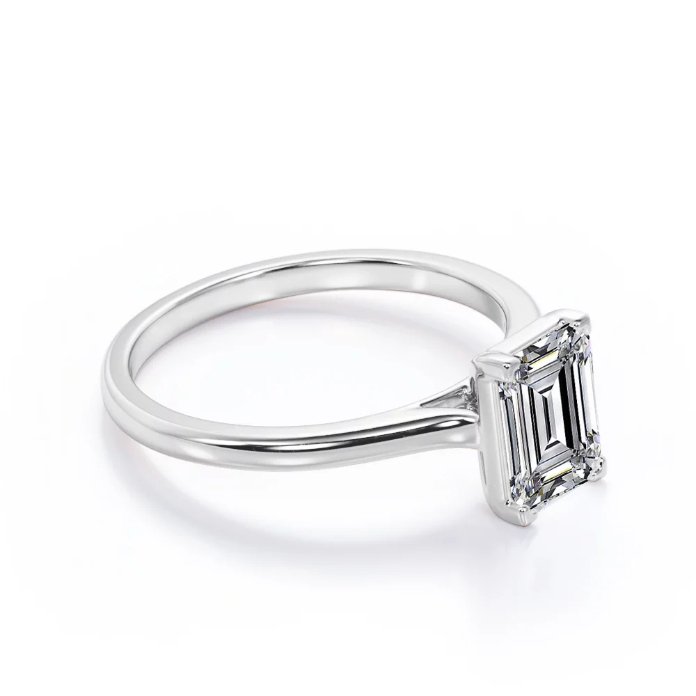 Minimalist - 1 Carat Emerald Cut Moissanite - Solitaire Prong Set Right Hand Ring - 18K White Gold Plating over Silver