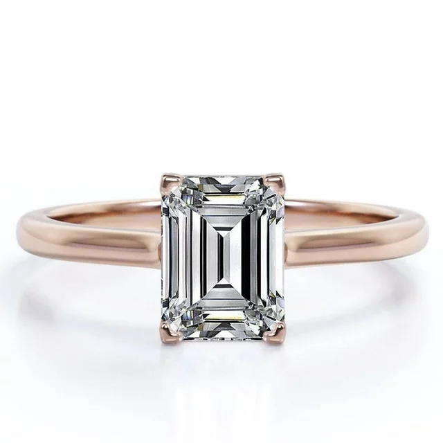 Minimalist - 1 Carat Emerald Cut Moissanite - Solitaire Prong Set Right Hand Ring - 18K White Gold Plating over Silver