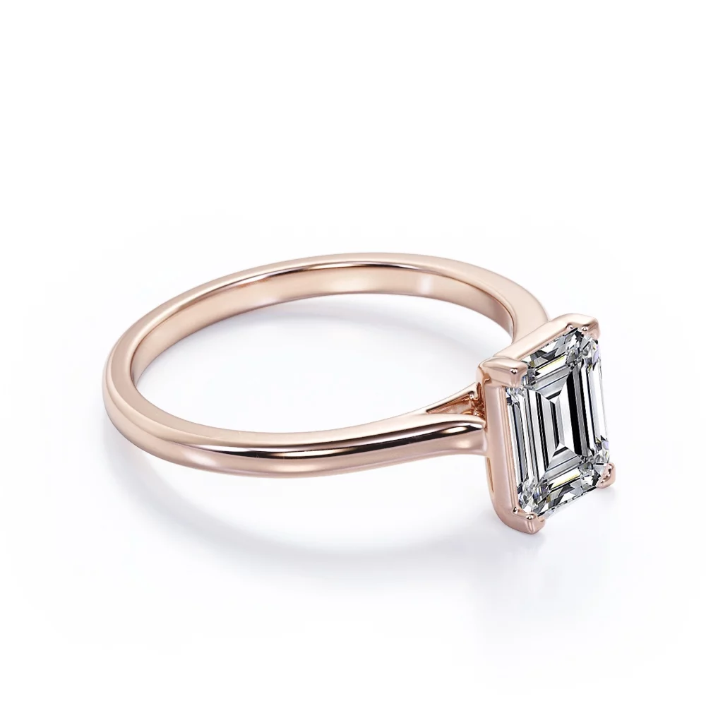 Minimalist - 1 Carat Emerald Cut Moissanite - Solitaire Prong Set Right Hand Ring - 18K White Gold Plating over Silver