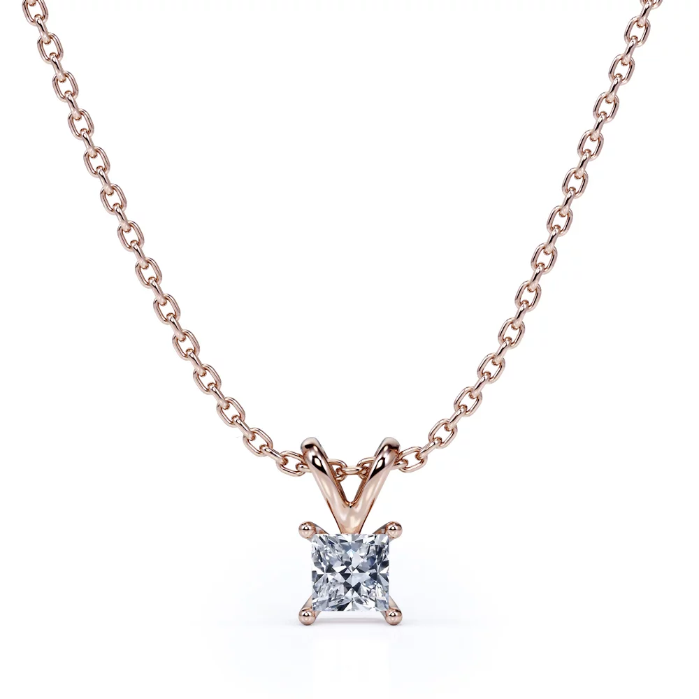 0.5 Carat Princess Cut Diamond - Simple Pendant Necklace - 18K Rose Gold Plating Over Silver