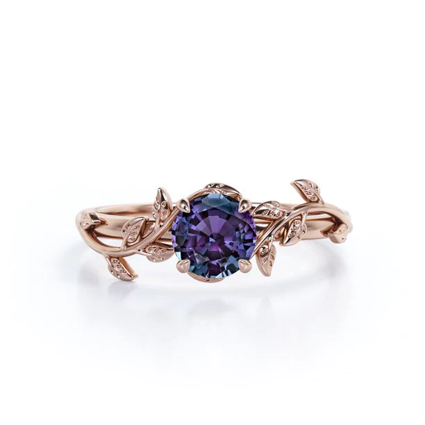 0.50 Carat - Round Cut Lab Created Alexandrite Ring - Leaf & Vine Engagement Ring - 18K Rose Gold Plating Over Silver