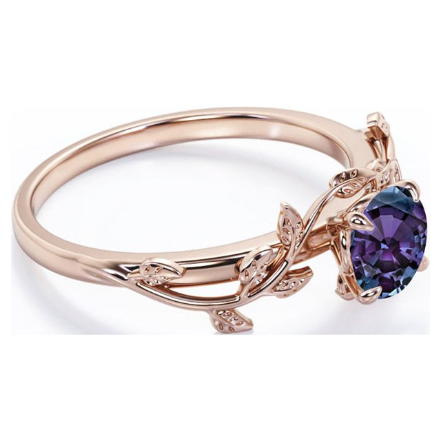 0.50 Carat - Round Cut Lab Created Alexandrite Ring - Leaf & Vine Engagement Ring - 18K Rose Gold Plating Over Silver