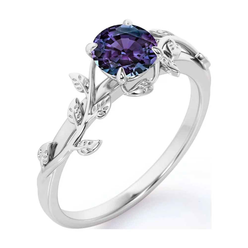 0.50 Carat - Round Cut Lab Created Alexandrite Ring - Leaf & Vine Engagement Ring - 18K Rose Gold Plating Over Silver