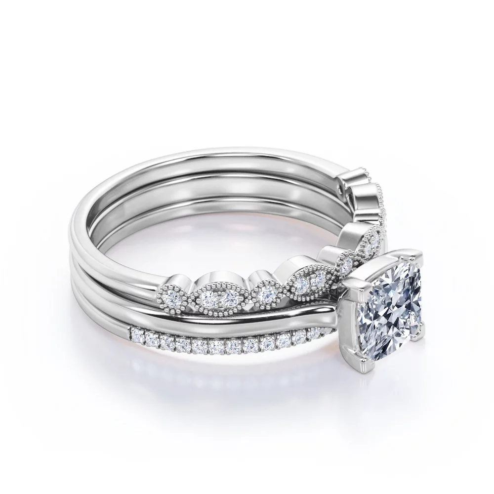 Art Deco Milgrain Filigree - 2 Carat Cushion Cut Moissanite - 4 Prong Pave Set - Solitaire Engagement Ring - Trio Wedding Ring Set - 18K White Gold Plating over Silver